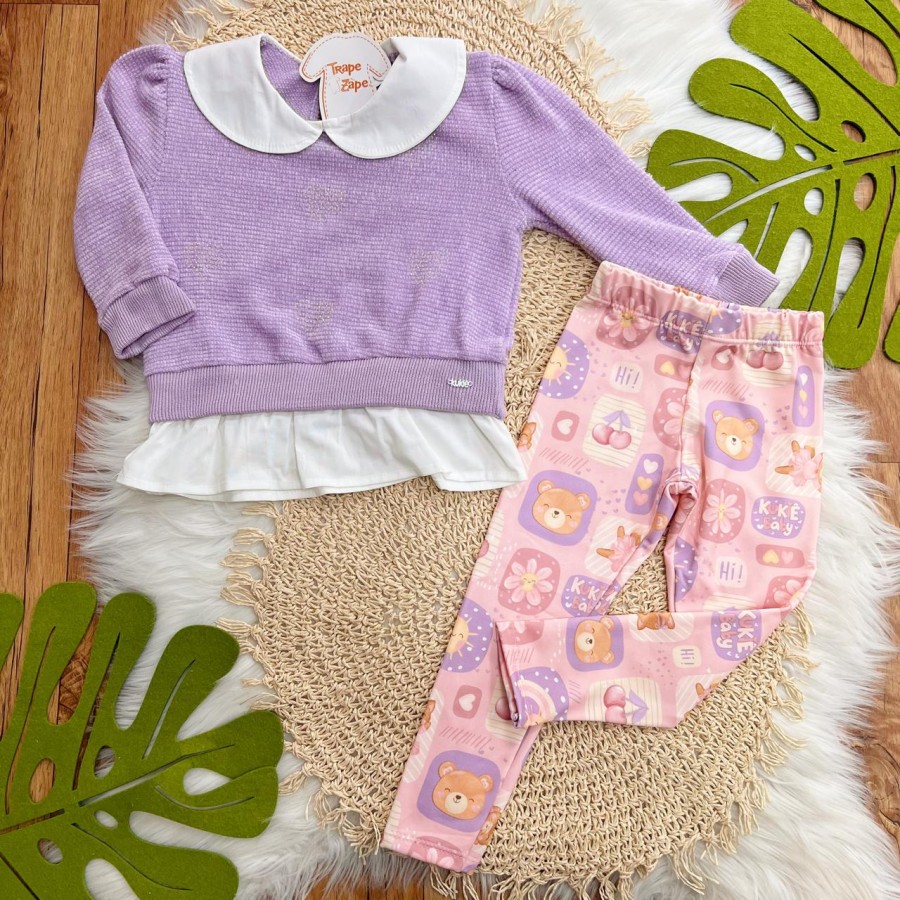 Conj. Casaco em Soft com Corações em Strass e Calça Legging - Lilás